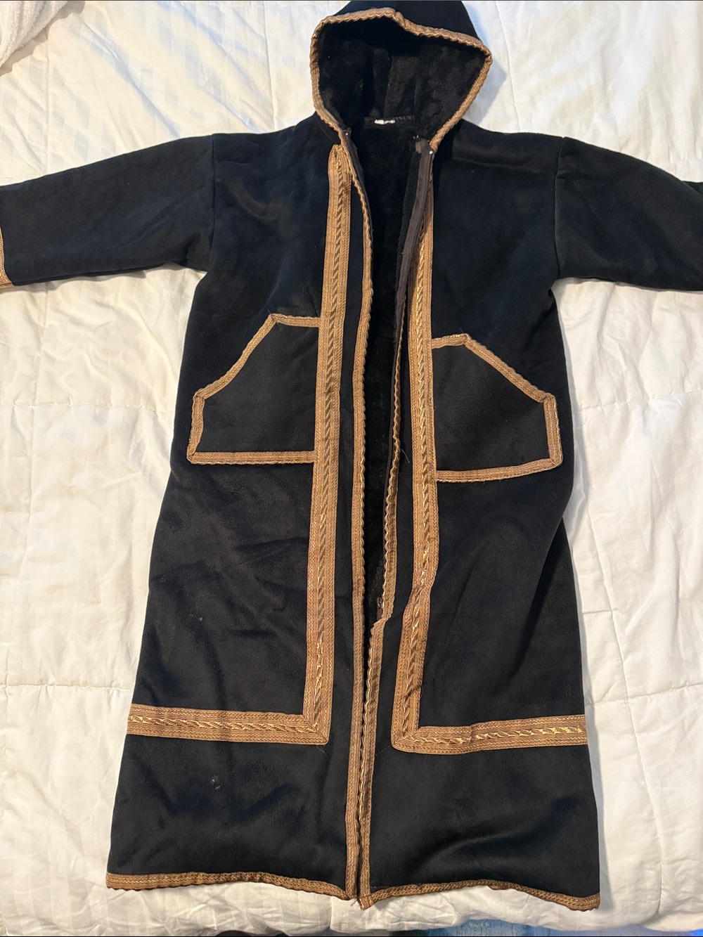 Kids Black Hooded Long Coat with Tan Trim